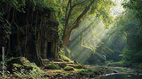 Ruins of an ancient temple, in the middle of lush, green forest. River, ancient trees covered with moss and vines, rays of sun passing through canopy of ancient trees. © unicusx