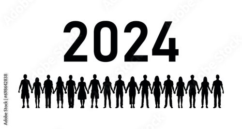 Chain of people standing hands together welcoming new year 2024 vector silhouettes. Human chain holding hands together facing the year 2024 silhouettes.