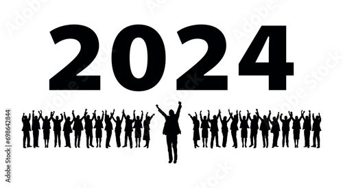 Happy people standing and raising hands together welcoming new year 2024 silhouettes. Happy new year 2024 people silhouettes.