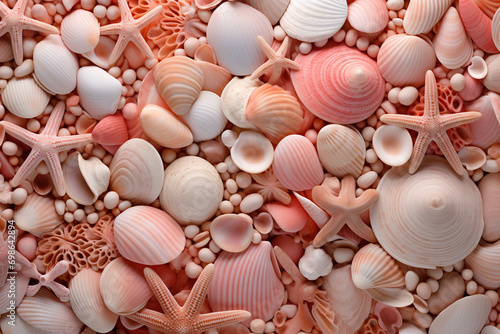 Nature, graphic resource concept. Abstract and minimalist various shapes and forms corals and seashells background with copy space. Tones image with pink color