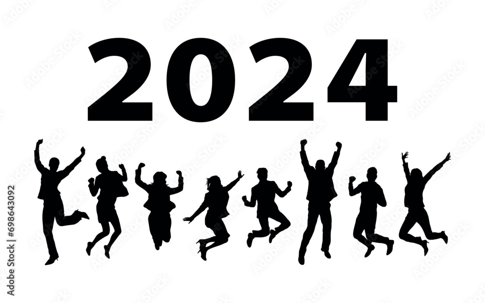 Group of people jumping together celebrating new year 2024 silhouettes
