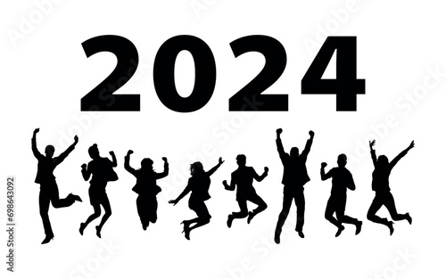Group of people jumping together celebrating new year 2024 silhouettes. Happy people welcoming the year 2024 silhouettes. Happy new year 2024 people vector silhouettes.