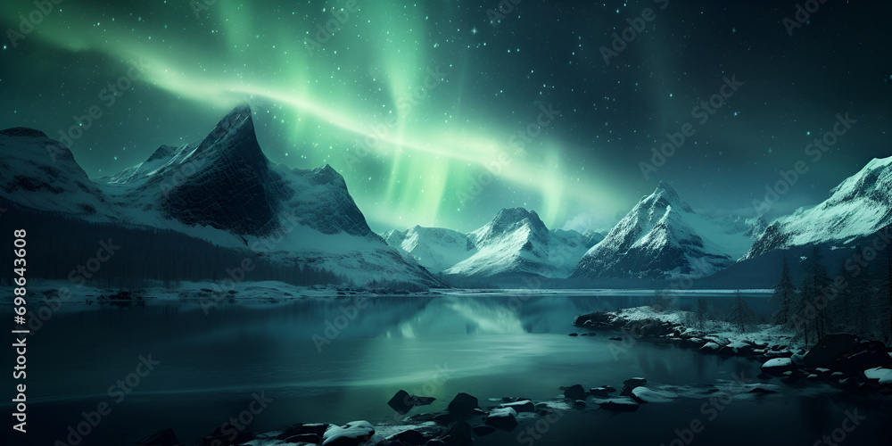 A green light is above a mountain and the sky is lit up with the green lights.ai generated 

