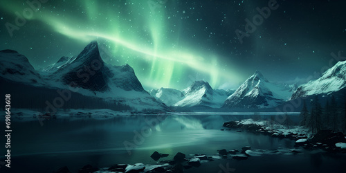 A green light is above a mountain and the sky is lit up with the green lights.ai generated 