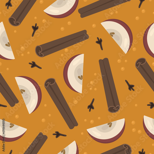 Seamless pattern with ingredients for apple cider. Illustration with slices of fruit and spices with bubbles of beverage