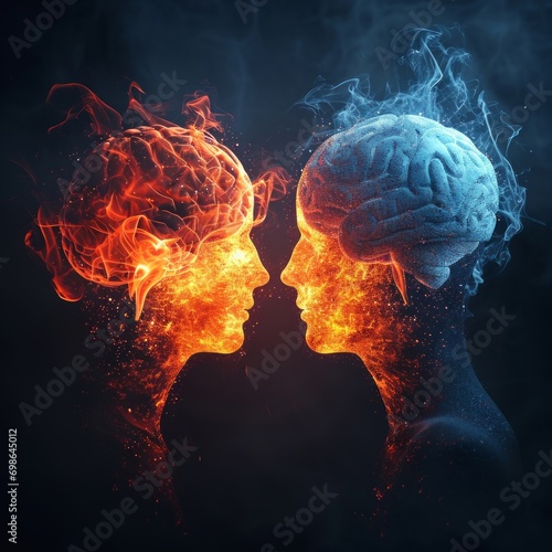 a man and woman with a brain and fire
