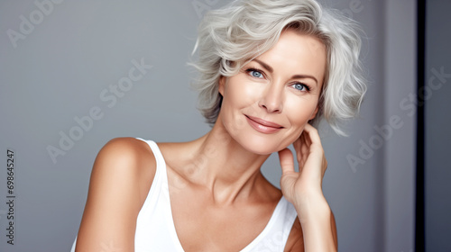 Elegant Mature Lady with Gray Hair - With Perfectly Smooth - Well-groomed Skin - Relaxing in the Spa.