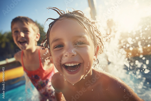 People cheerful good mood at amusement park sunny day at background Generative AI picture