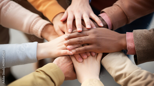 Diverse Multi-Ethnic Hands in Unity  Teamwork and Collaboration Concept - People from Different Cultures Joining Together for Harmony and Solidarity Worldwide.