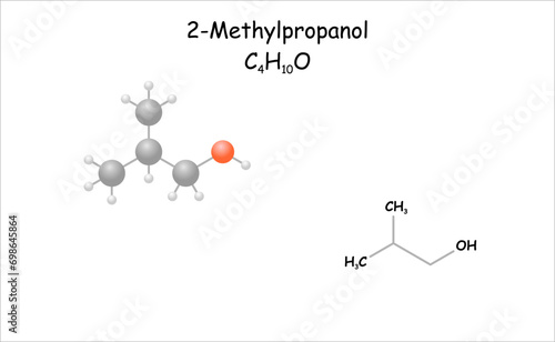 Stylized 2D molecule model/structural formula of 2-Methylpropanol. Isobutanol.