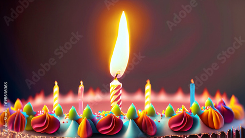 Close-up em um bolo de aniversário com uma vela acesa e fundo desfocado.