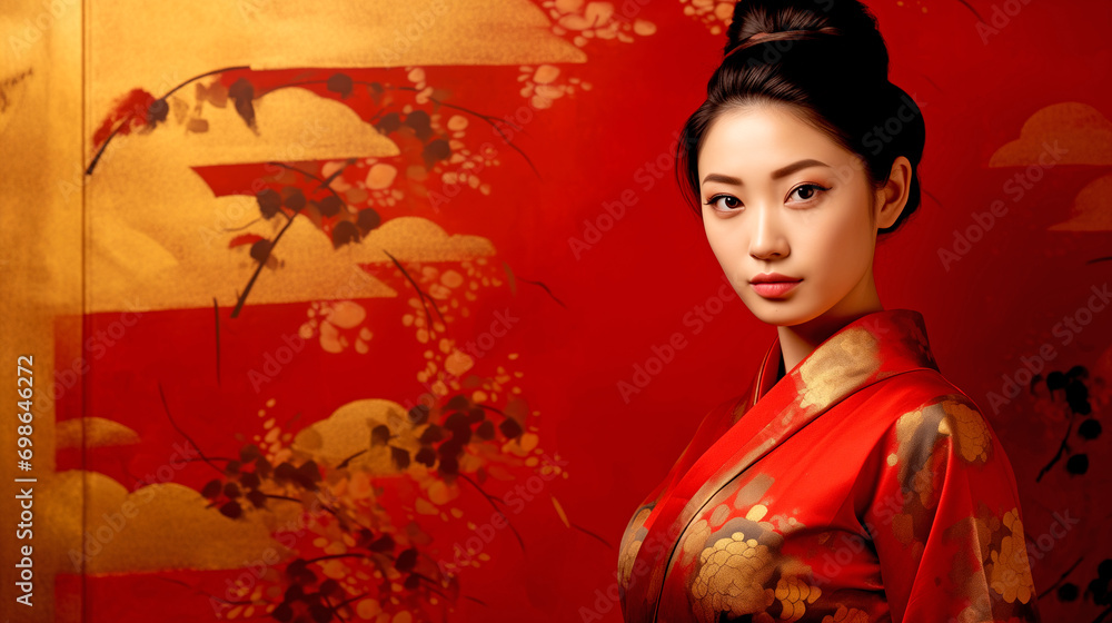 Beautiful Portrait of a Japanese Woman on a Red and Gold Background Using Japanese Style Gold Leaf.


