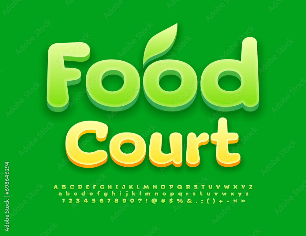 Fototapeta premium Vector advertising logo Food Court. Creative Green Font. Cute 3D Alphabet Letters and Numbers