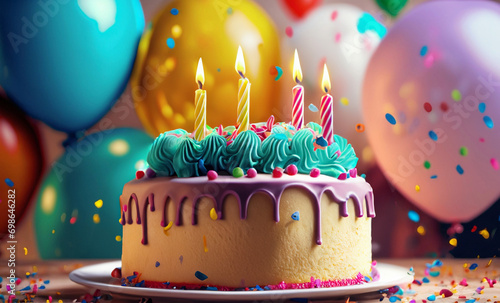 Um bolo de aniversário sobre uma mesa, com várias velas acesas e balões desfocados ao fundo. photo