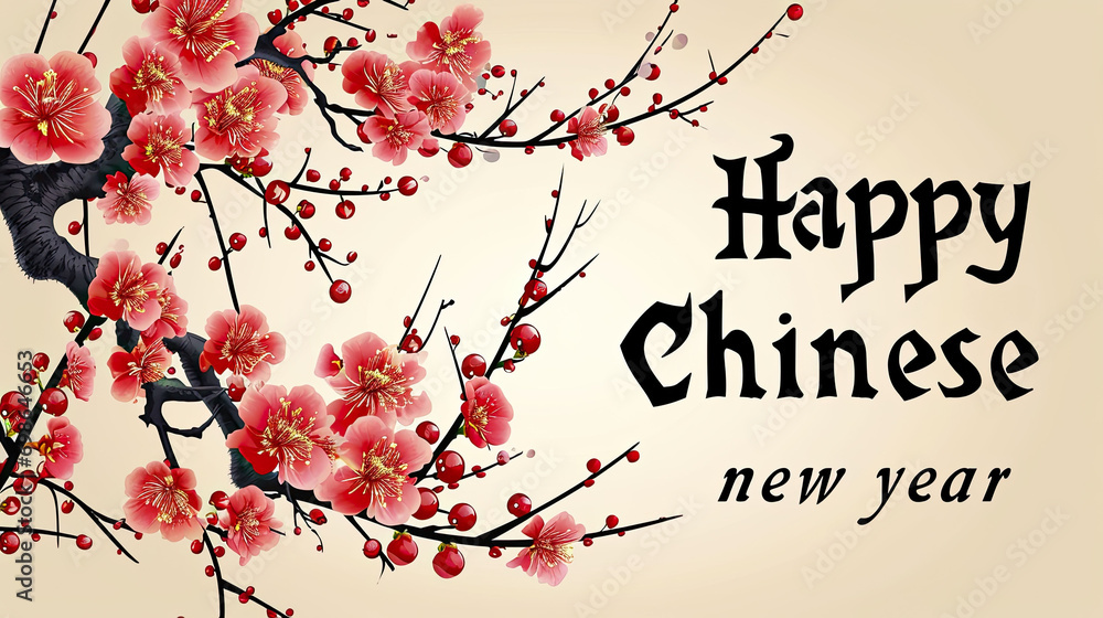 plum blossom flowers congratulations, happy Chinese New Year, banner - obrazy, fototapety, plakaty 