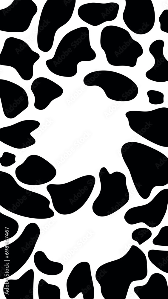 Fototapeta premium Cow spots black on white background with place for text for social networks, phone wallpaper, advertising creative