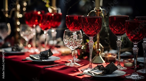 Wedding service table with red crystal glasses and romantic atmosphere photo