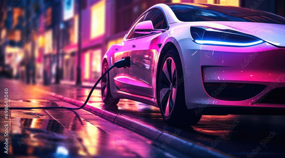 an electric car charging on a sidewalk