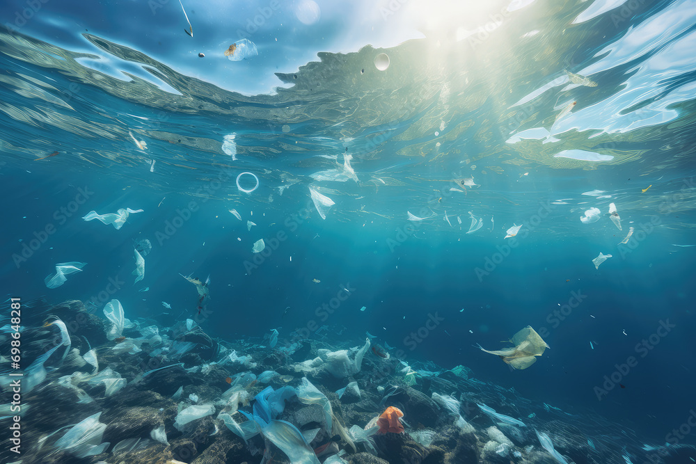 Capturing the critical issue of sea pollution, this image portrays the