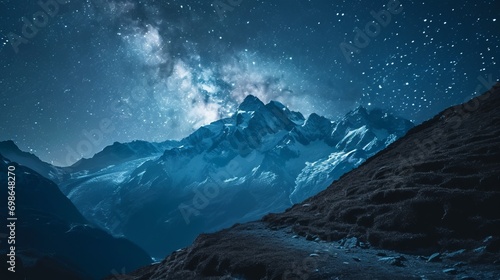 a snowy mountain range at night photo