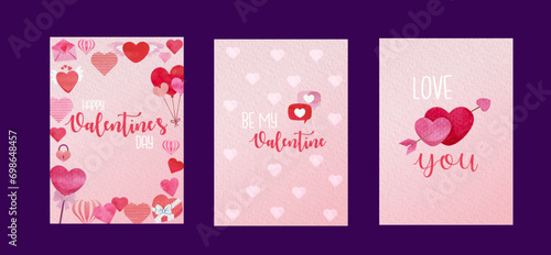 Set of vector watercolor cards for Valentine's day with hearts and flowers
