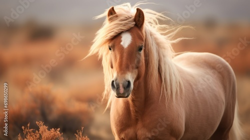 beautiful horse portrait on a peach fuzz color background. with empty space for text. concept animals, horses, paintings © Aksana