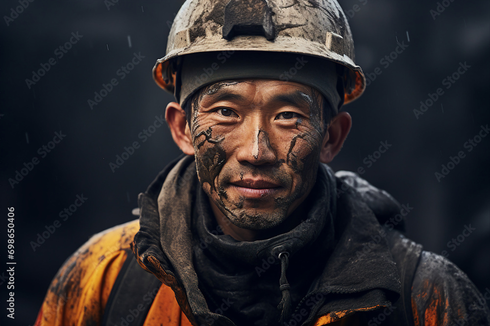 Fototapeta premium Generative AI portrait of a professional worker mining on a mine background