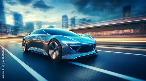 Futuristic Car Speeding Through a Modern Cityscape