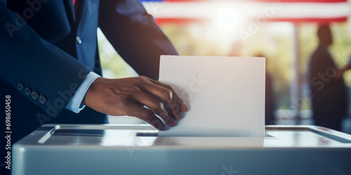 Closeup of hand putting ballot in ballot box. Election concept.