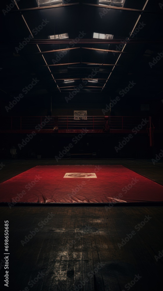 Fototapeta premium full shot on a photo of a wrestling mat in an empty gym in low light with space for text. concept sport, wrestling, gym, competition,
