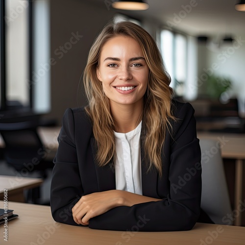 Photo of a young girl sitting at the desk and smiling high-quality photo