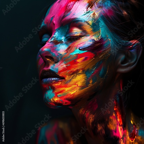 a woman with colorful paint on her face
