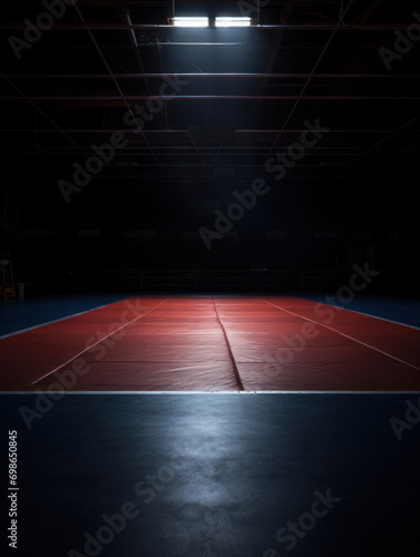 vertical full shot on a photo of a wrestling mat in an empty gym in low light with space for text. concept sport, wrestling, gym, competition,