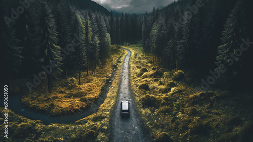 Aerial view of a car in moody forest on a muddy road.