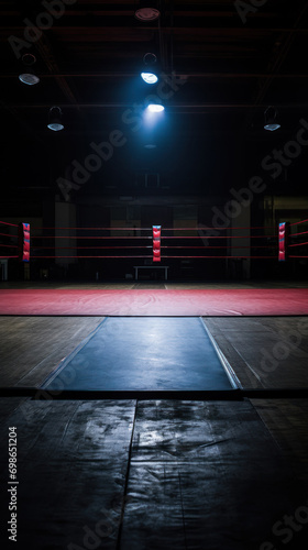 vertical full shot on a photo of a wrestling mat in an empty gym in low light with space for text. concept sport  wrestling  gym  competition 