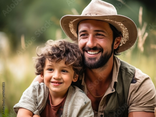 Father and son share a joyful moment outdoors. Concept of parenting and adventure.