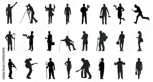 People with various occupations professions standing together.  silhouettes set collection of diverse professional on isolated white background. 