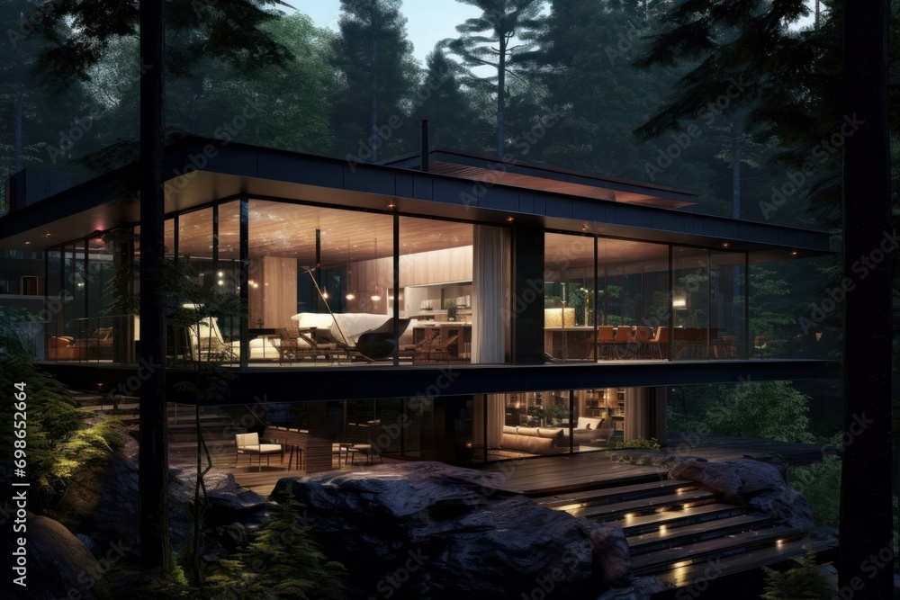 House or hotel with panoramic windows in pine forest. Beautiful summer evening. Nature or resting and travel concept