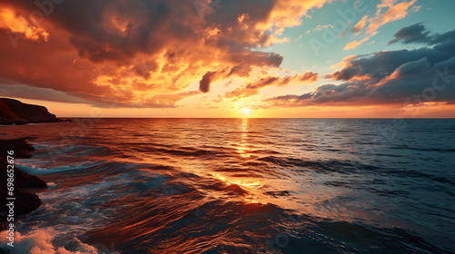 photograph of a colorful sunset over the ocean, highlighting the warm, golden-hour lighting