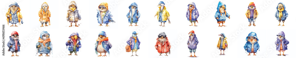 watercolor bird wearing clothes playfull funny white background isolated. vector illustration