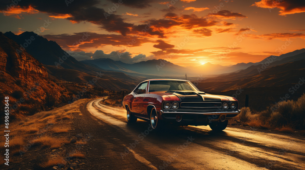 Naklejka premium Driving into the Horizon: Exploring the Thrills of Speed, Nature, and Adventure, generative AI