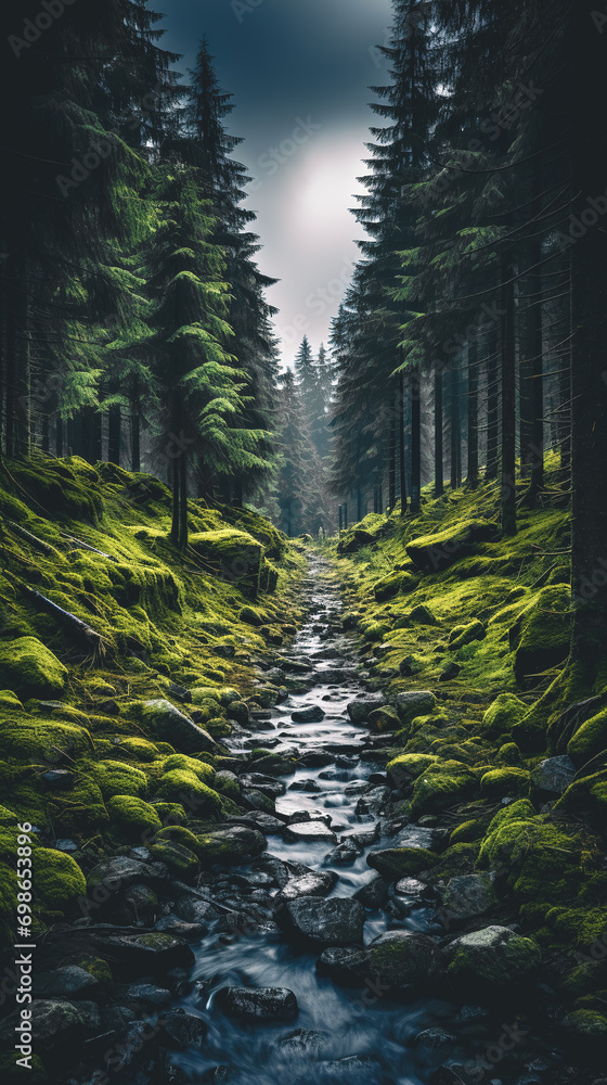 Mountain landscape with a mountain river flowing among fir trees. Mountain landscape with a mountain river flowing among fir trees.