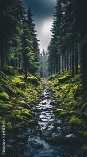 Mountain landscape with a mountain river flowing among fir trees.