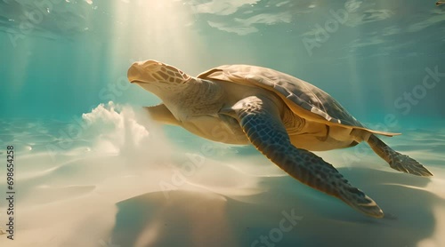 Green sea turtle swimming peacefully along the seafloor in the shallow waters just off the beach on a sunny day photo