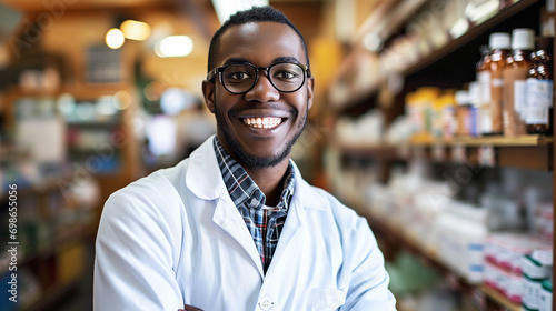 Smiling male pharmacist in drugstore store Generative AI	
 photo