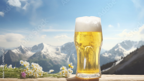 A glass of light beer on the table with spring wildflowers on a snowy mountains background.