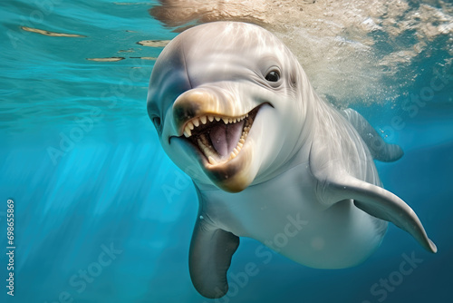 happy smiling baby dolphin swimming in the ocean
