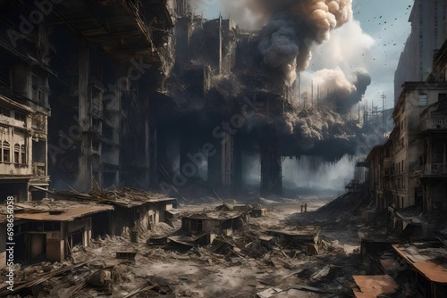 Destruction, wars, destroyed houses burning, and explosions