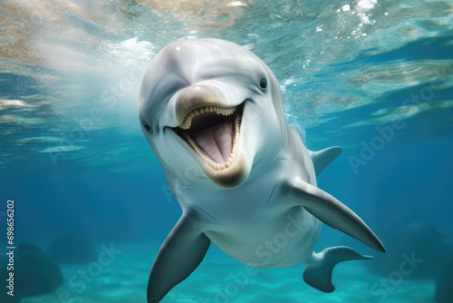 happy smiling baby dolphin swimming in the ocean