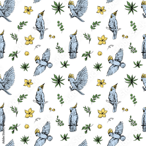 Cockatoo, tropical bird, parrot. Seamless pattern design, vector illustrations, sketches.